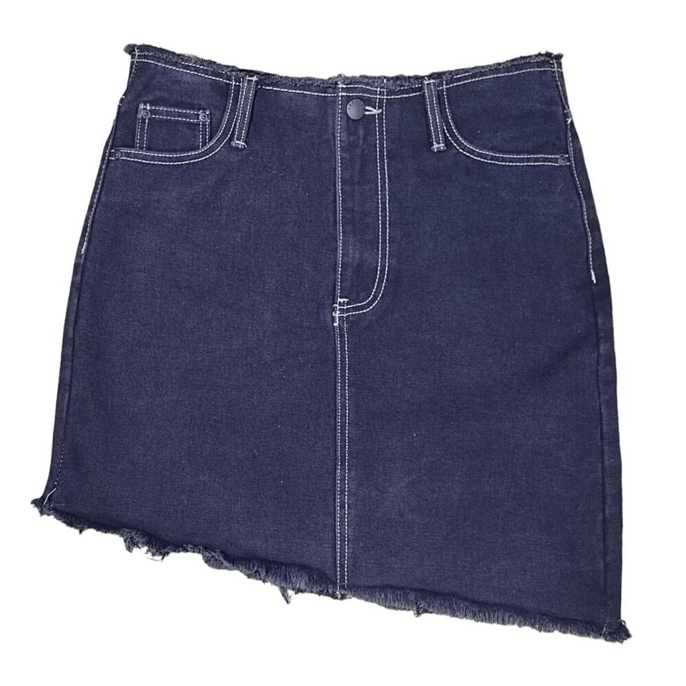 Forever 21 Black Denim Jean Mini  Skirt Asymmetrical Slanted Raw Hem Sz S
